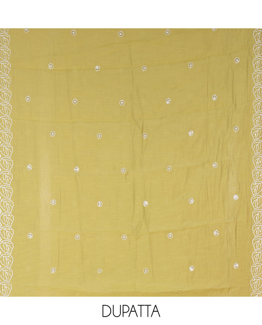Cream and Green Mul Chanderi Material Chudidar Set, Meticulously Crafted with Floral Embroidery On Its Top, A Plain Santoon Bottom, and Comes with a Contrast Scallop Floral Embroidered Dupatta