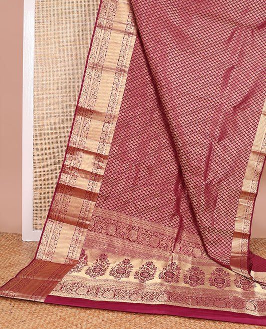 Maroon jaal design kancheepuram silk saree with self border of paun, muthu, kuyil kann design & floral pallu