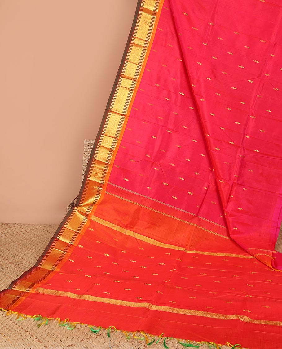 Red floral buttas kancheepuram silk saree with contrast border of sombu,banaras, muthu, jaal design & zari design pallu
