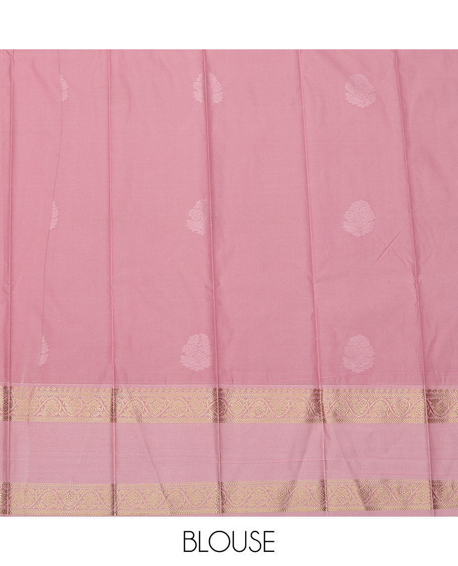 Green Budget Silk Saree,  Detailed with Zari Buttas on Its Body, Complemented by a Contrast Traditional Zari Design Rettai Pettu Border, Pallu of Jaal Designs, and Paired with a Contrast Blouse