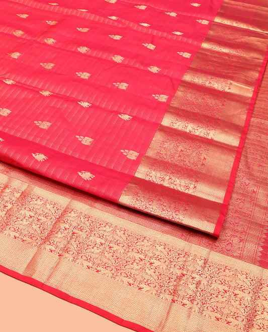 Red Vasundhara Silk Saree, Elegantly Highlighted with Zari Buttas, Highlighted by a Vanasingaram-Style Zari Vanki Border, Jaal Pallu, and a Matching Blouse