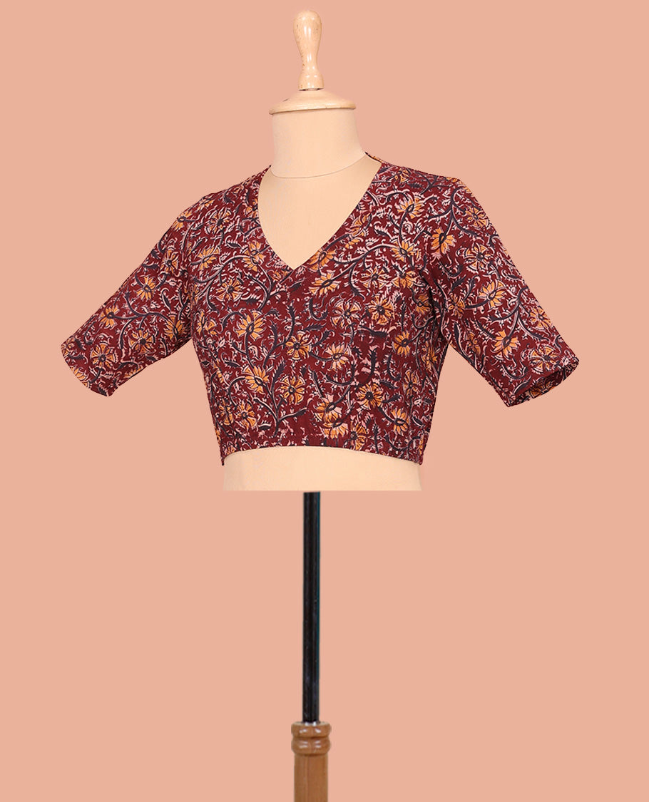 Maroon Cotton Readymade Blouse Embellished with All-Over Kalamkari Floral Vine Print, Front V-Neck, Back Closed Neck, and Elbow Sleeves