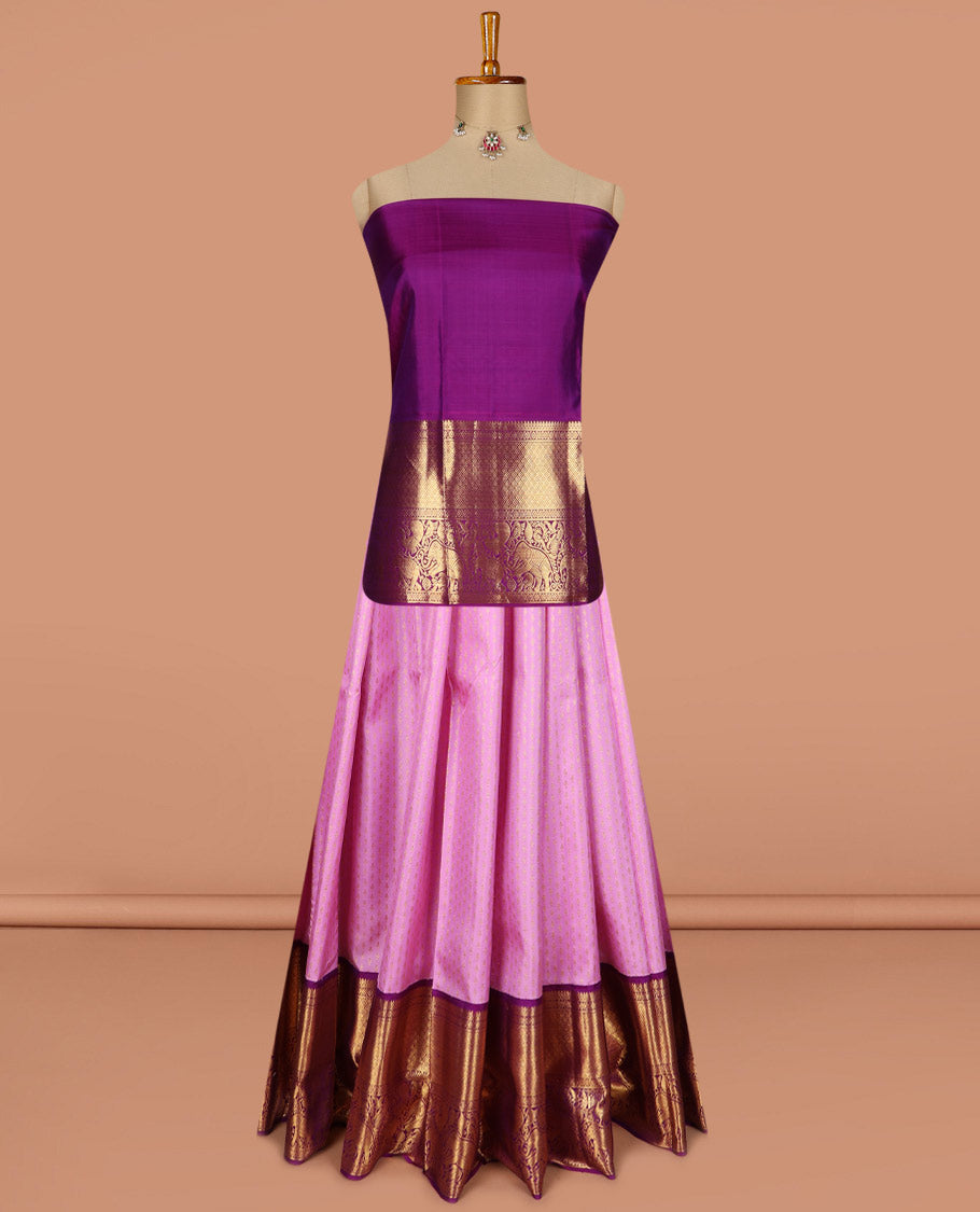 Pink puresilk halfsaree, zari buttas skirt,contrast border, and blouse of thilakam mokku,banaras,kamalam,jaal,mayil, and yaanai, and traditional motifs steeped dhavani