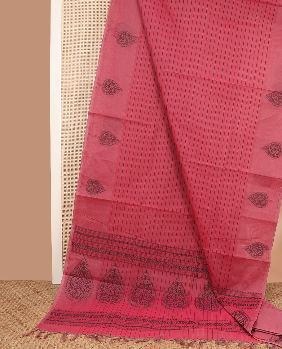 Red striped coimbatore cotton saree, self-border of thilakam motifs, and pallu of big thilagam motifs