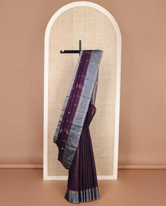 Purple zari buttas silk mix saree, contrast rettai pettu zari striped border & pallu of jaal designs