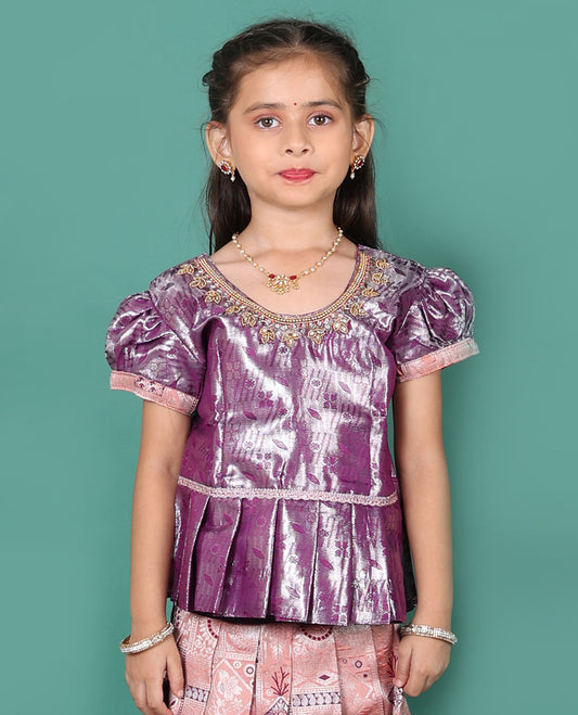 Peach readymade art silk pavadai set, jacquard with contrast traditional zari border skirt and contrast jacquard embroidered puff-sleeve blouse