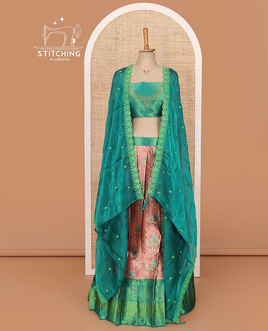 Peach lehenga set, floral printed with contrast traditional stone work border skirt, contrast jacquard stone work blouse, and scallop embroidered dhavani