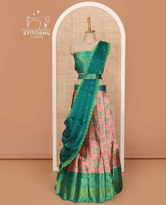 Peach lehenga set, floral printed with contrast traditional stone work border skirt, contrast jacquard stone work blouse, and scallop embroidered dhavani