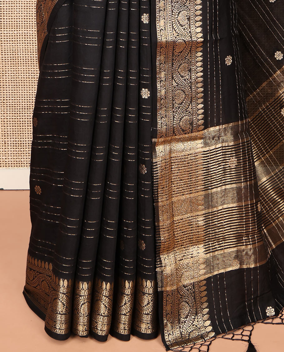 Black Assam Silk Saree, Uniquely Detailed with Zari Buttas and Stripes, Highlighted by a Zari Traditional Woven Border, Zari-Striped Pallu, and a Matching Blouse