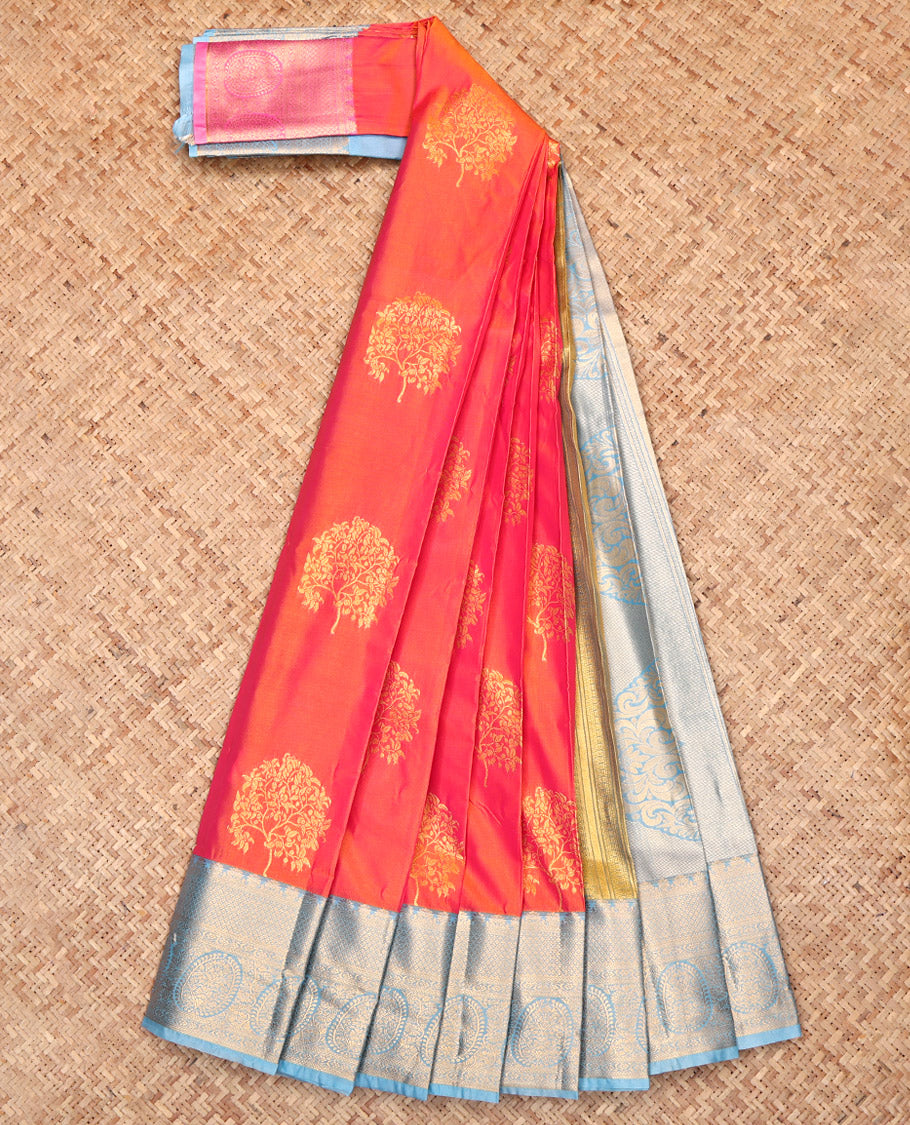 Orange Budget Silk Saree, Mesmerized with Tree Zari Buttas, Complemented by a Contrast Traditional Border, Grand Pallu, and a Contrast Blouse