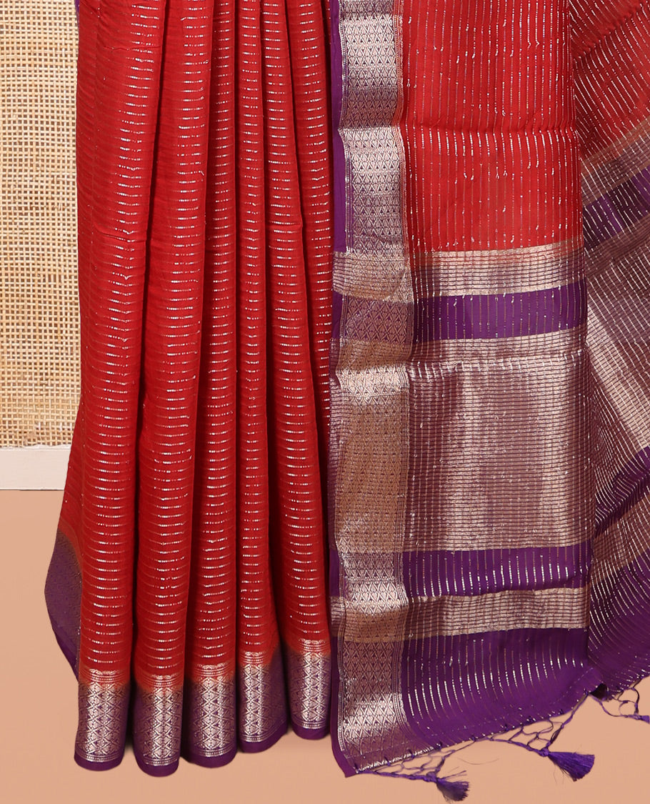 Red Assam Silk Saree, Delicately Woven with Zari Stripes, Complemented by Contrast Jaal Design Border,  Zari Woven Pallu, and Contrast Blouse