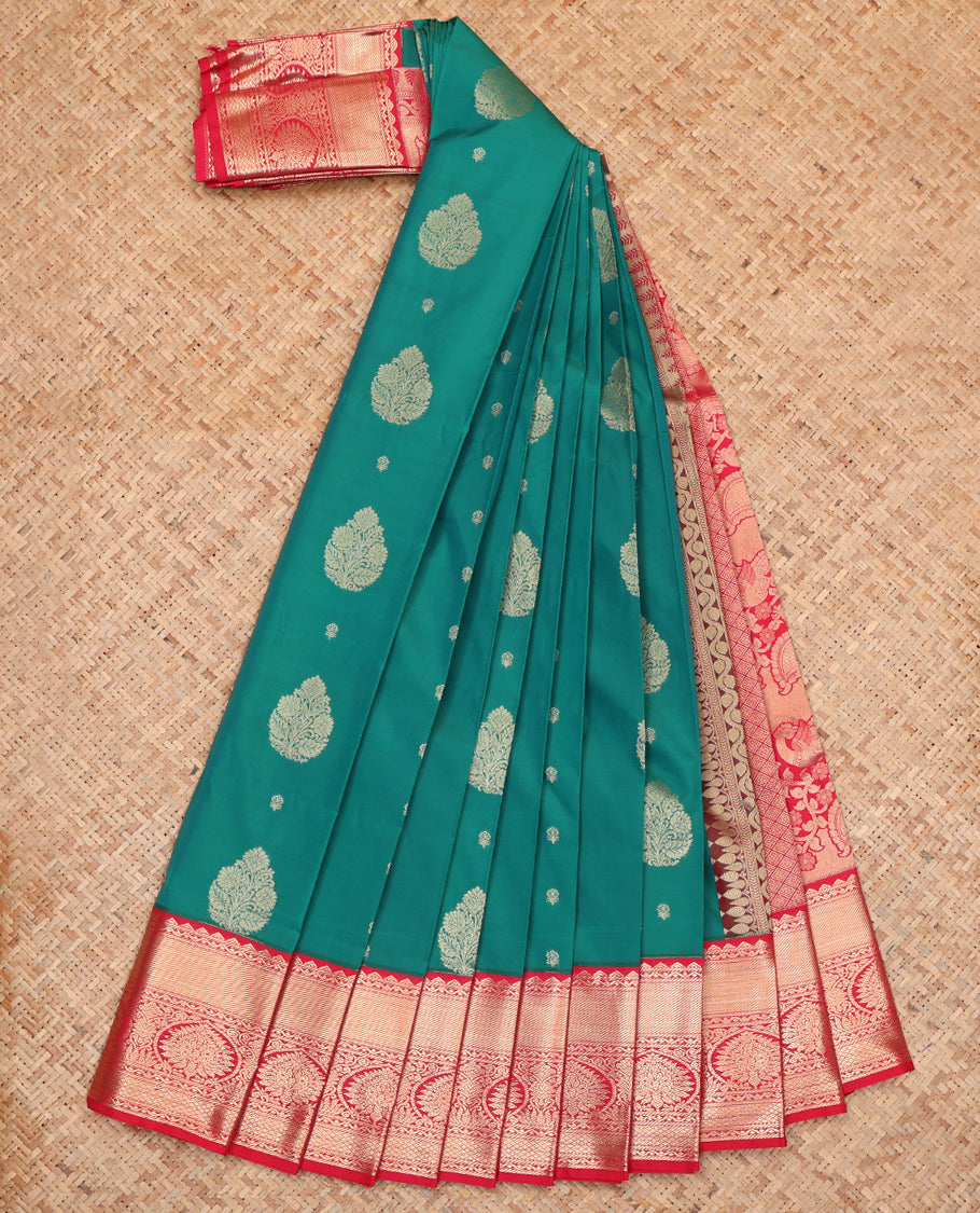 Green Budget Silk Saree, Woven with Zari Buttas, Complemented by a Contrast Traditional Zari Border, Grand Jaal Pallu, and Contrast Blouse