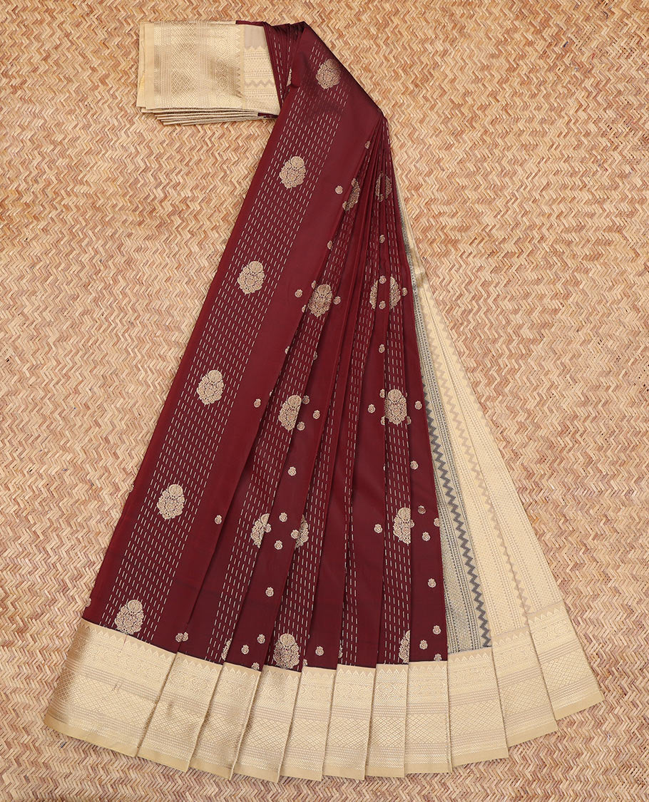 Maroon Budget Silk Saree, Embellished with Zari Buttas, a Contrast Traditional Zari Border, Grand Pallu, and a Contrast Blouse