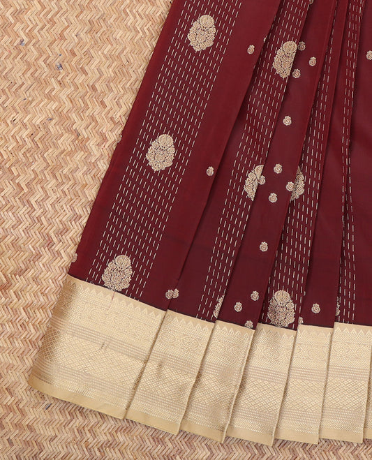 Maroon Budget Silk Saree, Embellished with Zari Buttas, a Contrast Traditional Zari Border, Grand Pallu, and a Contrast Blouse