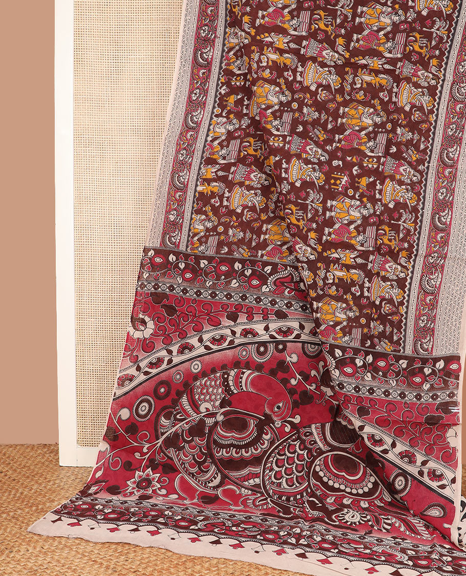Maroon ancient human motifs machine-printed Kalamkari cotton saree, floral creeper border, and pallu of kalamkari peacocks