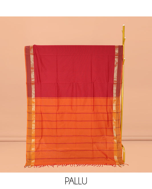 Red Checked Poly Cotton Saree, Complemented by a Contrast Zari Border, Contrast Striped Pallu, and Paired with a Contrast Blouse
