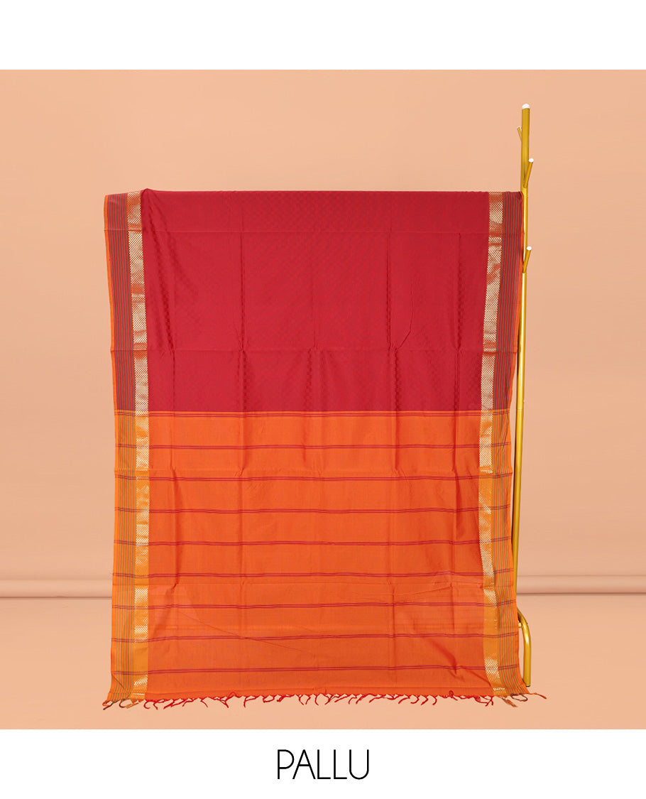 Red Checked Poly Cotton Saree, Complemented by a Contrast Zari Border, Contrast Striped Pallu, and Paired with a Contrast Blouse