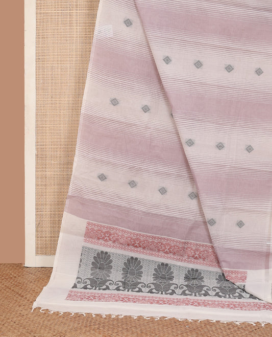 Borderless pink stripes, and buttas Kanchi cotton saree, pallu of floral designs