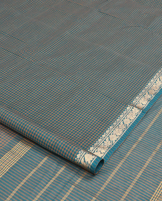 Blue checked nine-yard cotton saree, floral design border, and pallu of stripes