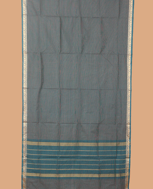 Blue checked nine-yard cotton saree, floral design border, and pallu of stripes