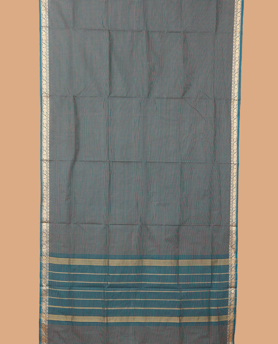 Blue checked nine-yard cotton saree, floral design border, and pallu of stripes