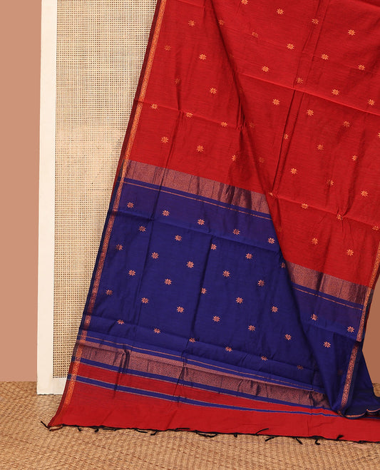 Red Maheshwari Cotton Saree, Enriched with Flower Buttas All Over Its Body, Subtly Woven Piping Border, Captivating Contrast Pallu Steeped with Buttas, and Paired with a Contrast Blouse