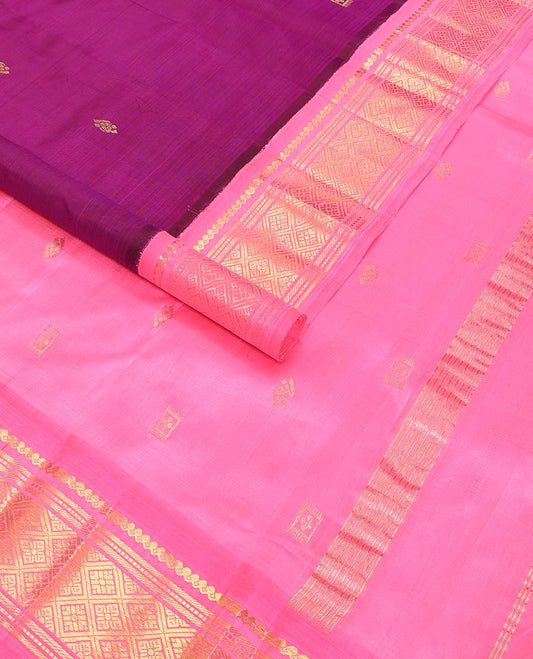 Purple floral buttas kancheepuram silk saree with contrast korvai border of thilakam mokku, muthu, banaras design & zari design pallu