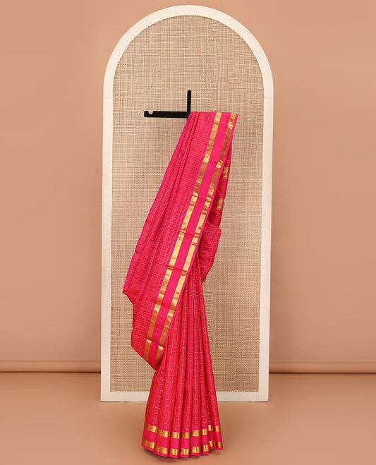 Pink zari checked Kanchipuram silk saree, one-sided rettai pettu zari border and zari design pallu