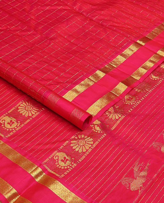 Pink zari checked Kanchipuram silk saree, one-sided rettai pettu zari border and zari design pallu