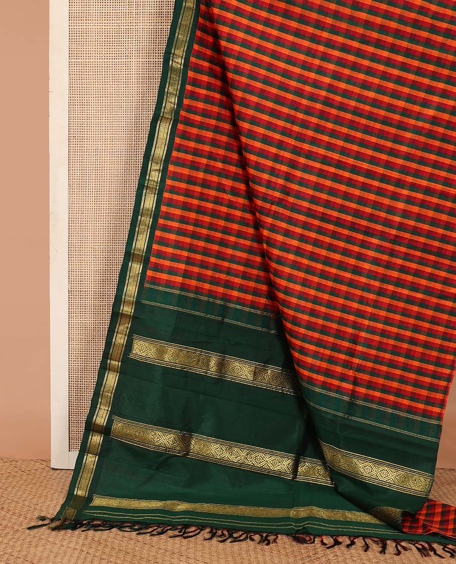 Multi-color paalum pazhamum checked Kanchipuram silk saree, contrast korvai one-sided border of banaras, and jaal designs, and zari design pallu