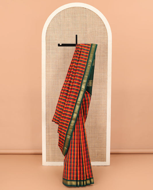 Multi-color paalum pazhamum checked Kanchipuram silk saree, contrast korvai one-sided border of banaras, and jaal designs, and zari design pallu