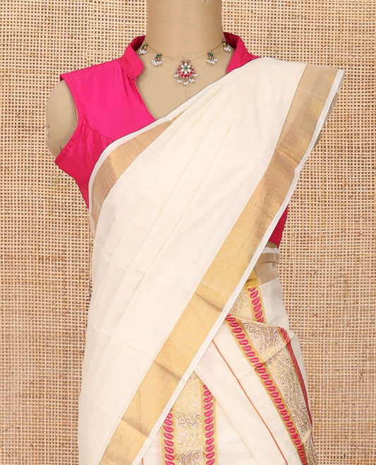 Cream plain Kerala mundu set with thread and zari border