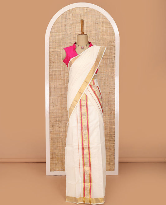 Cream plain Kerala mundu set with thread and zari border