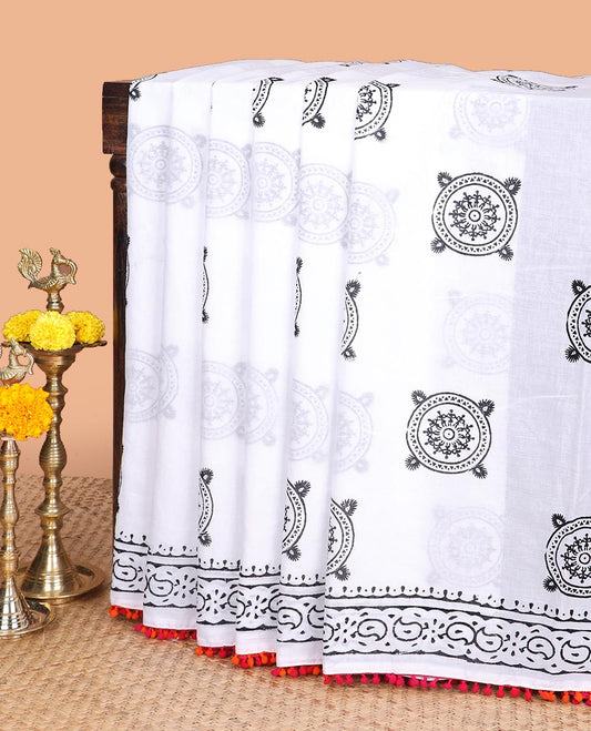 Half white vorli printed design soft cotton saree with bom bom border & block printed pallu along with contrast blouse