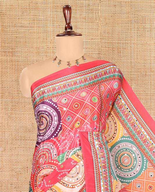 Pink Masakali Saree Features Kaleidoscopic-Colored Intricate Print and Mirror Work, a Self-Printed Pallu, and a Matching Blouse