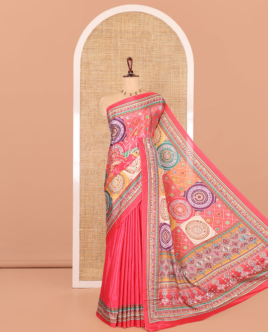 Pink Masakali Saree Features Kaleidoscopic-Colored Intricate Print and Mirror Work, a Self-Printed Pallu, and a Matching Blouse