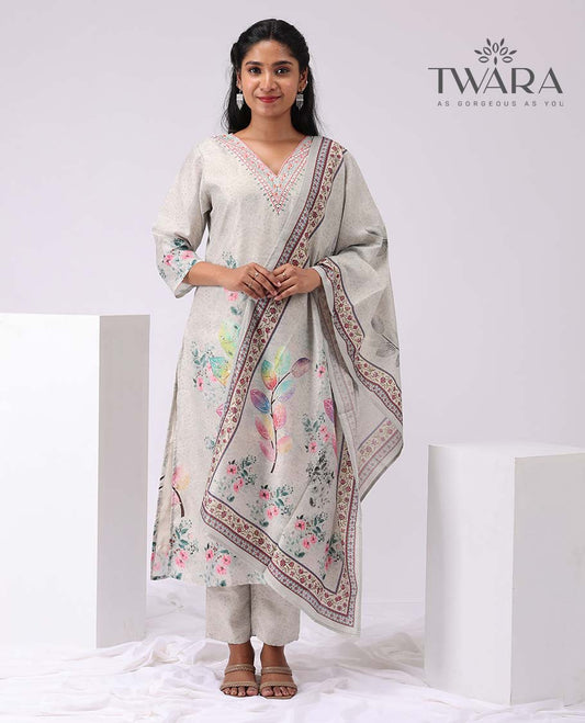 Twara grey floral embroidery v neck, 3/4th sleeve, below knee lenght kurti with straight pants & floral printed dupatta