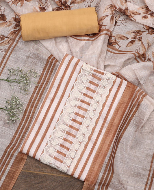 Yellow material chudidar set, striped and neck work top, plain bottom, and floral printed dupatta