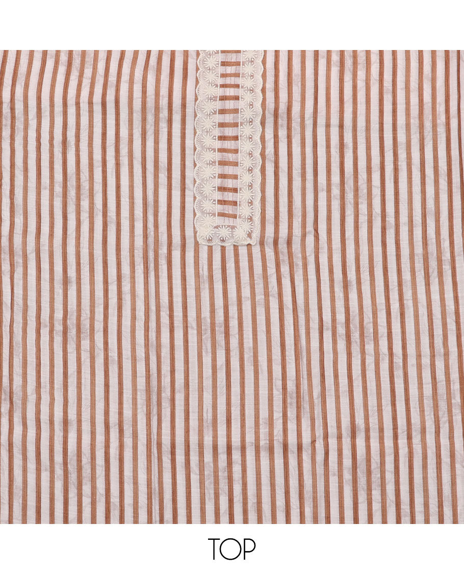 Yellow material chudidar set, striped and neck work top, plain bottom, and floral printed dupatta