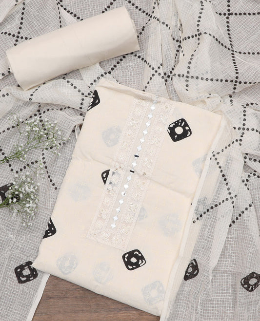 White-black material churidar set, shibori motifs print with mirror embroidered top, plain bottom, and a chex kota dupatta of polka dots
