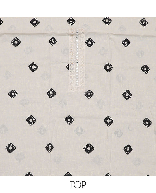 White-black material churidar set, shibori motifs print with mirror embroidered top, plain bottom, and a chex kota dupatta of polka dots