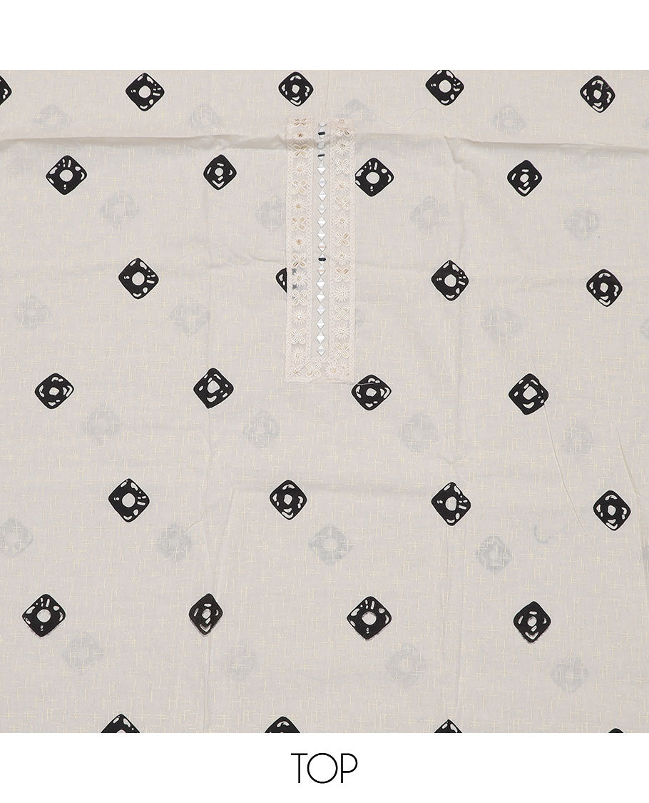 White-black material churidar set, shibori motifs print with mirror embroidered top, plain bottom, and a chex kota dupatta of polka dots