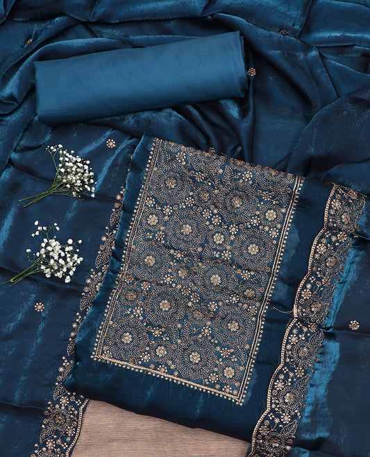 Blue material chudidar set, neck embroidered top, plain bottom and scallop floral embroidered dupatta