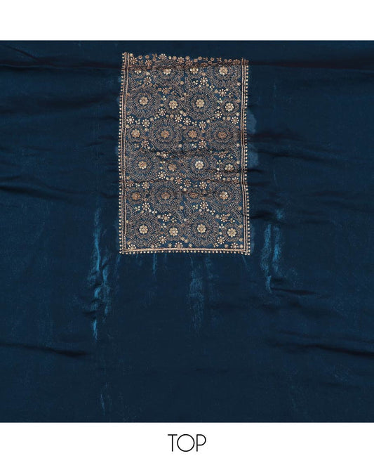 Blue material chudidar set, neck embroidered top, plain bottom and scallop floral embroidered dupatta