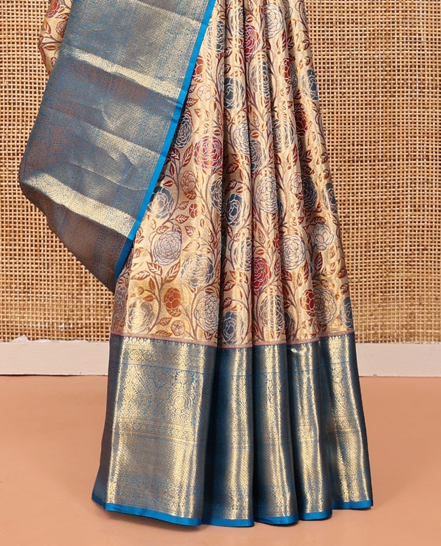 Gold Meenakari Jacquard Kanchipuram Tissue Silk Saree, a Contrast Border of Thilakam, Muthu, Cross Kamalam, and Mayil Kann Design, Grand Pallu, and a Contrast Blouse