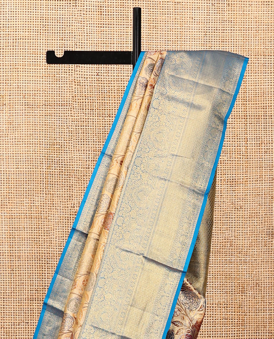 Gold Meenakari Jacquard Kanchipuram Tissue Silk Saree, a Contrast Border of Thilakam, Muthu, Cross Kamalam, and Mayil Kann Design, Grand Pallu, and a Contrast Blouse