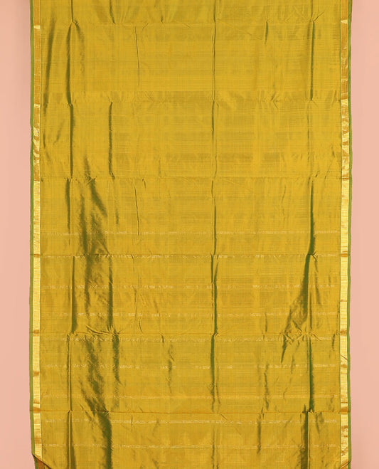 Light green plain nine-yard silk saree, zari border, and pallu of zari designs
