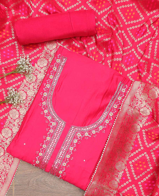 pink floral embroidery chudidhar material top, plain bottom & floral design dupatta
