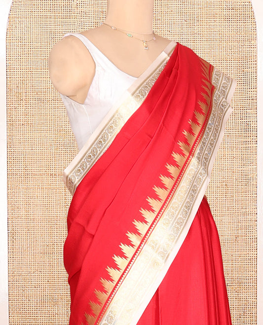 Red Plain Mysore Silk Saree, Complemented by a Contrast Temple Peacock Zari Border, Zari Design Pallu, and a Contrast Blouse