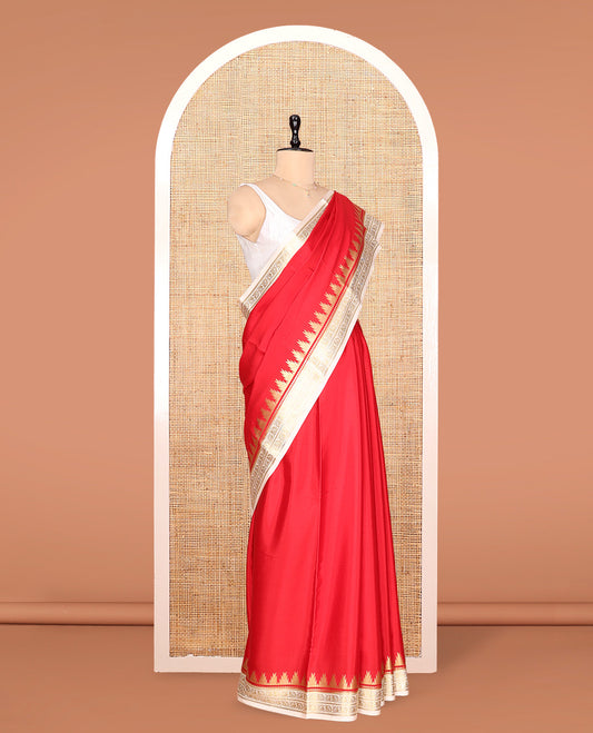 Red Plain Mysore Silk Saree, Complemented by a Contrast Temple Peacock Zari Border, Zari Design Pallu, and a Contrast Blouse